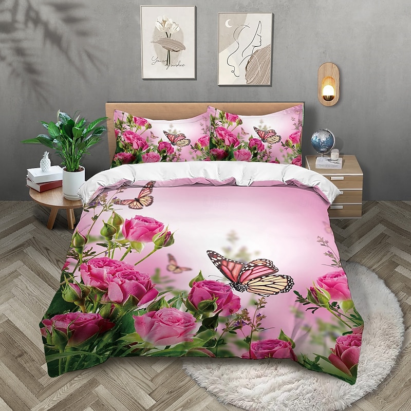 Flowers Butterflies Plants Flowers Prints Three Piece Down Comforter Set Hotel Bedroom Guest Room Bedding Comfortable Set 1 Down Comforter Set 2 Pillowcases Queen Size Bed Set 2-Piece Set2