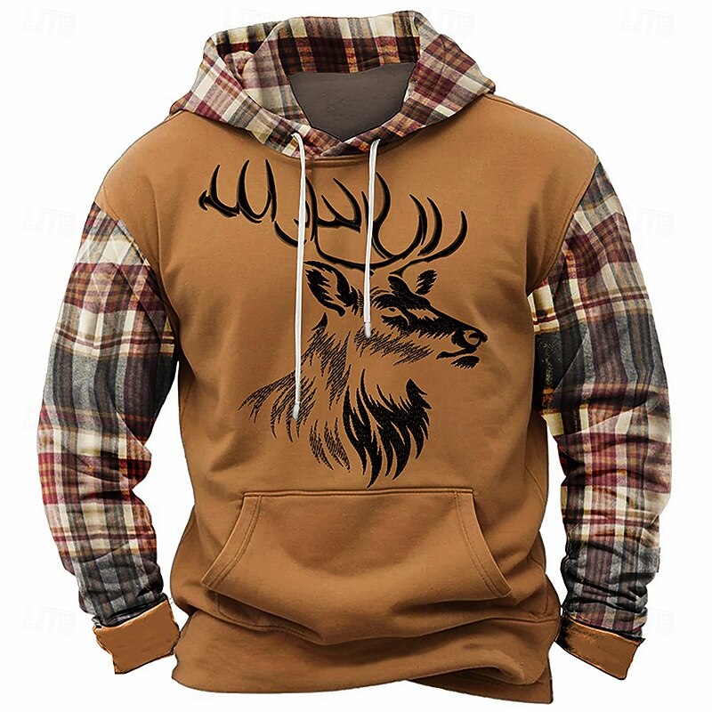 Men's Deer Hoodies Sweatshirt Fashion Cool Long Sleeve Crew Neck Holiday Going out Streetwear Light Brown Black Drawstring Fall Winter Designer