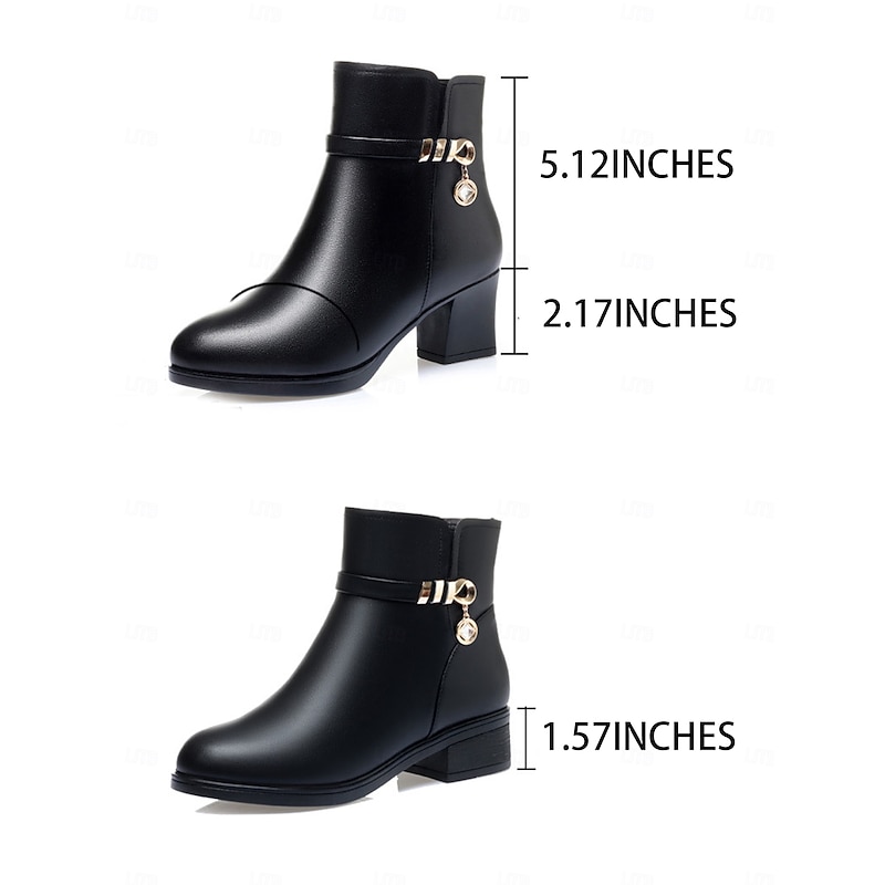 Women's Black Ankle Boots - Faux Leather with Plush Lining, Side Zipper, and Block Heels for Winter Fashion and Casual Wear4