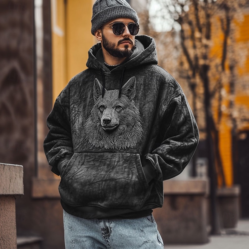 Men's Wolf Hoodies Sweatshirt Fashion Cool Long Sleeve Crew Neck Party Holiday Streetwear Black Brown Drawstring Fall Winter Designer3