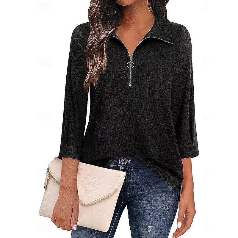 Women's Polo Shirts Solid Color Basic Casual 3/4 Length Sleeve V Neck Regular Tops Daily Patchwork Zipper Black Pink Spring &  Fall4