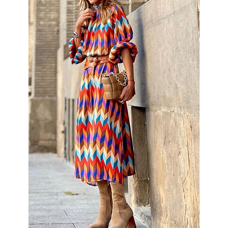 Women's Geometric Stand Collar Maxi Dress Long Sleeve Summer Spring2