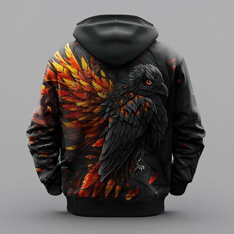 Men's Crow Hoodies Fashion Cool Long Sleeve Crew Neck Vacation Going out Streetwear Black Drawstring Zipper Fall Winter Designer2