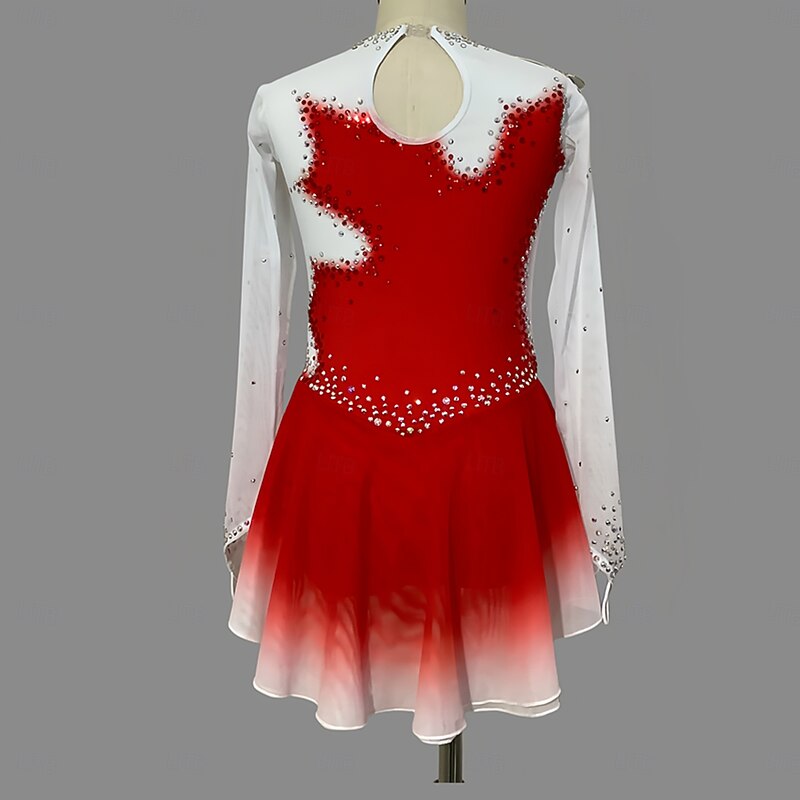 Figure Skating Dress Women's Girls' Ice Skating Dress Red White Black White Thumbhole Halo Dyeing Mesh Spandex Stretchy Training Practice Professional Skating Wear Thermal Warm Classic Crystal2