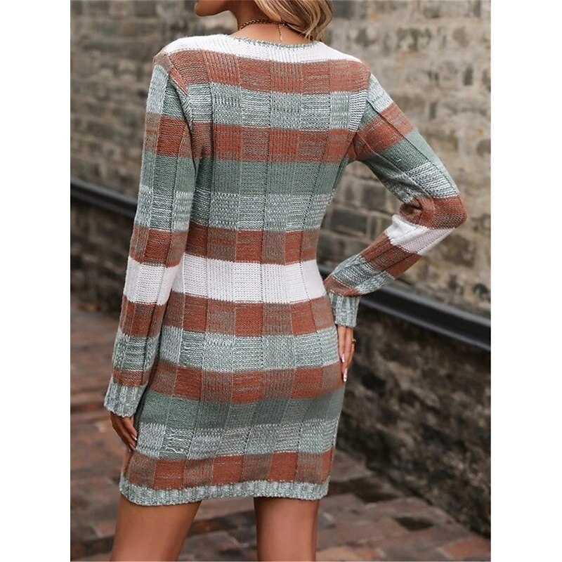 Women's Plaid V Neck Maxi Dress Long Sleeve Spring Fall2