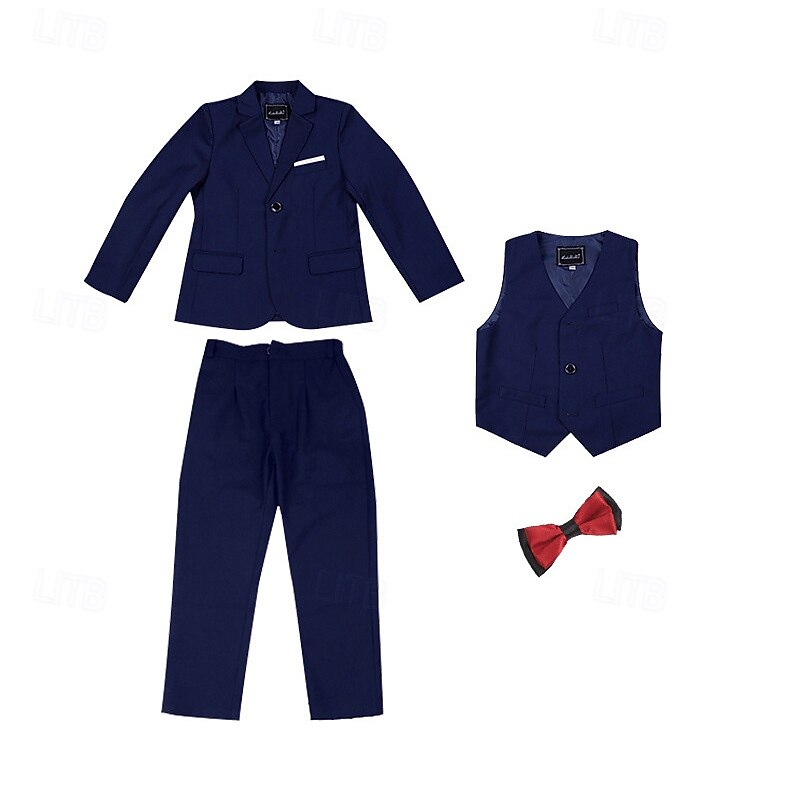 4 Pieces Ring Bearer Suit Boys Kids Suit Formal Suit Blazer & Vest & Pants & Tie Formal Party Valentines Fashion Cool Solid Color Pocket Black Navy Blue Polyester4