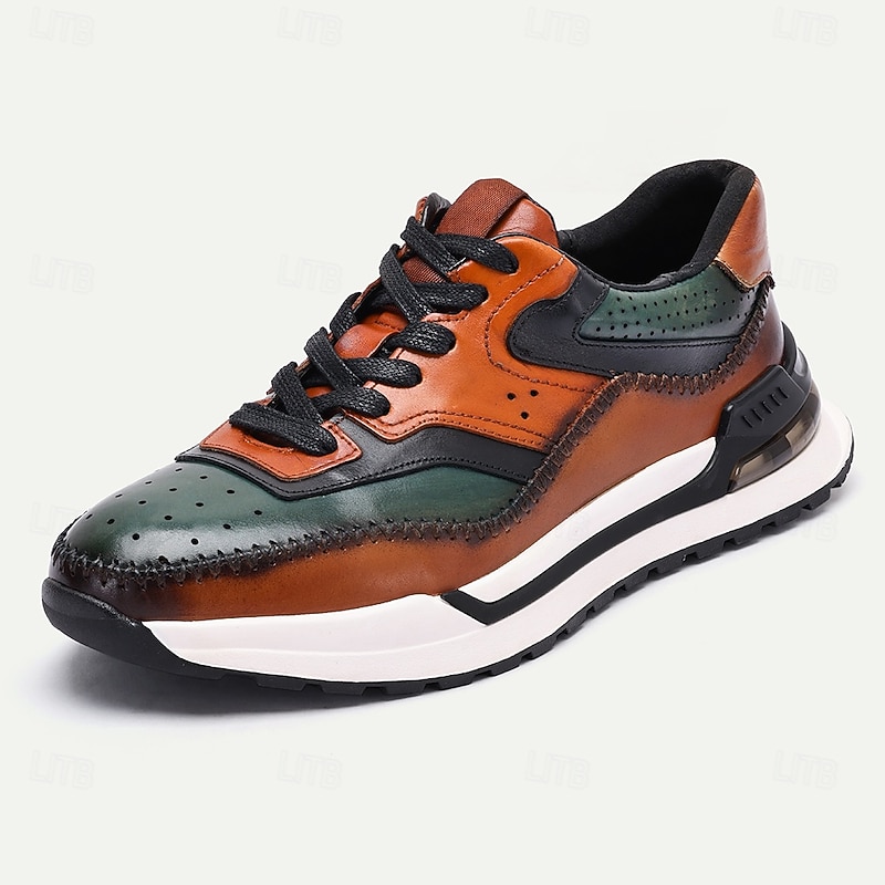 Men's Premium Cowhide Leather Sneakers – Vintage Lace-Up Casual Shoes with Color Block Design for Everyday and Fashion Wear4