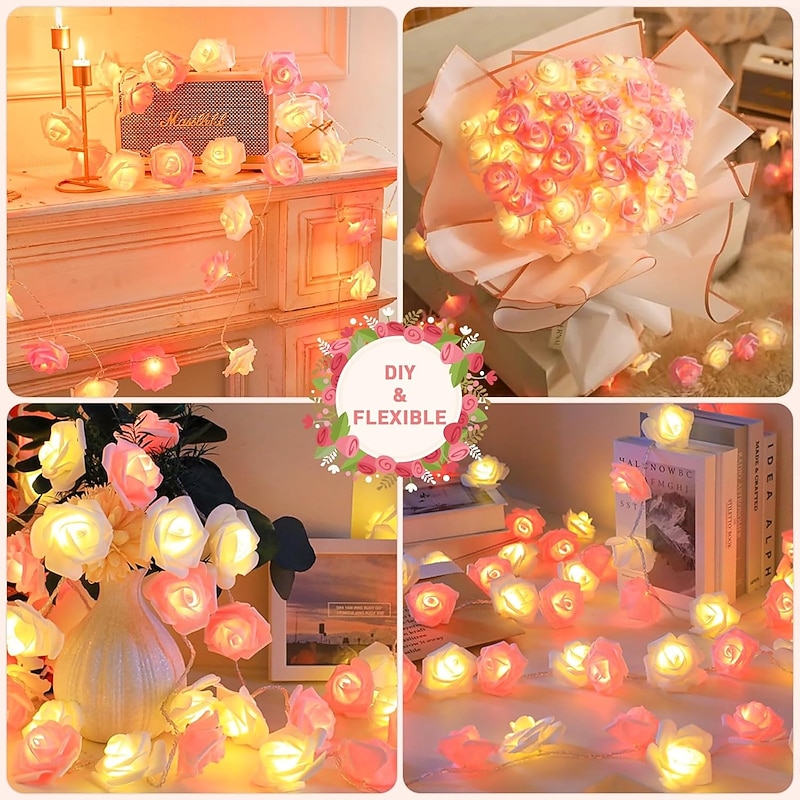 3m 20LED Pink White Flower Lights with Remote Flower String Lights Battery Operated 8 Modes Rose Lights for Valentine's Day Wedding Party Room Decor Bedroom Decor Fireplace Decorations4