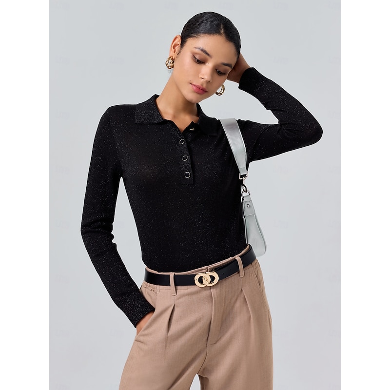 Women's Solid Color Polo Collar Long Sleeve Knit Polo Sweater Minimalist Wool Blend Formal Work Business Daily Spring Fall