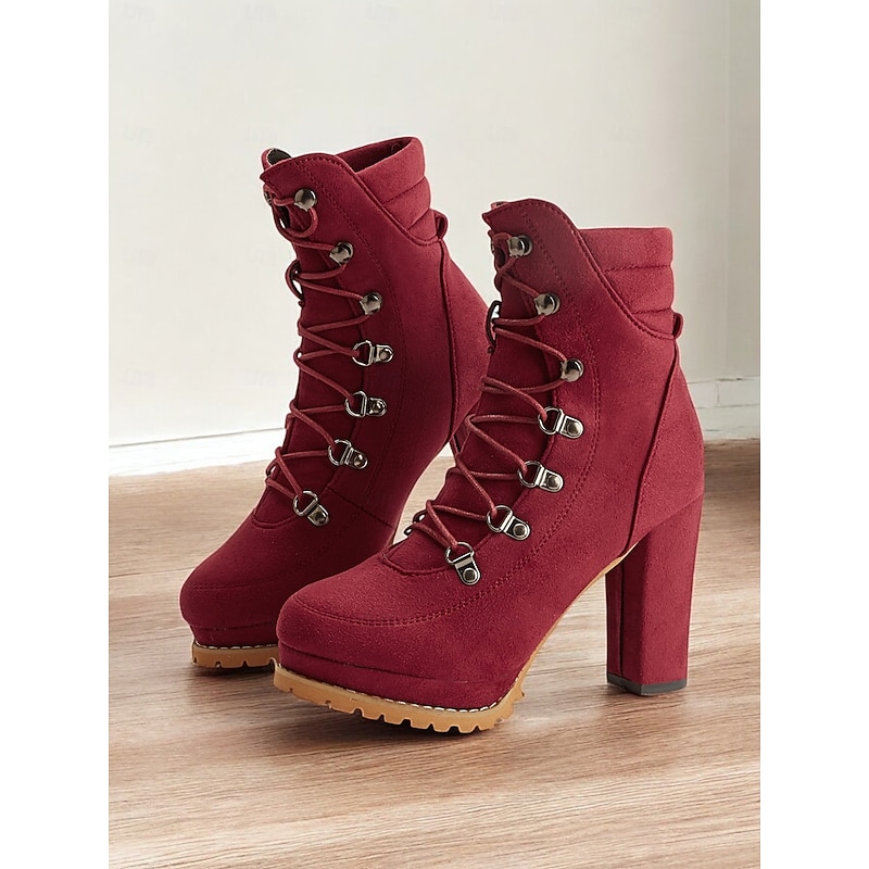 Women's Black Lace-Up High Heel Ankle Boots with Rugged Soles – Stylish Footwear for Casual and Outdoor Outfits