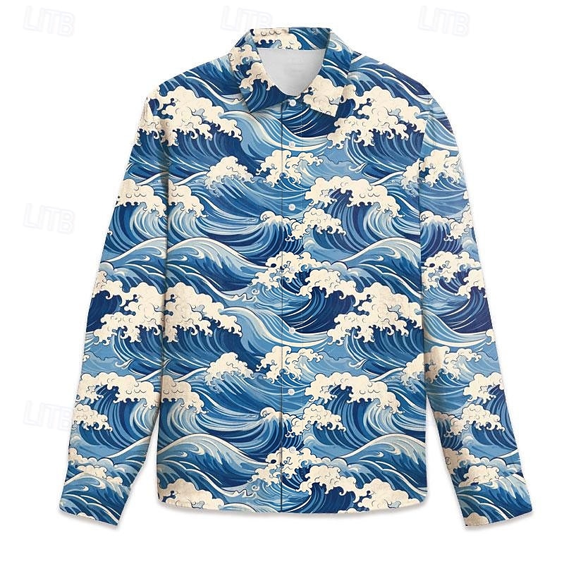 Men's Spray Seascape Pattern Summer Hawaiian Shirt Aloha Shirt Printed Shirts Long Sleeve Shirt Turndown Hawaiian Resort Vacation Party Street Blue Dark Blue S M L3