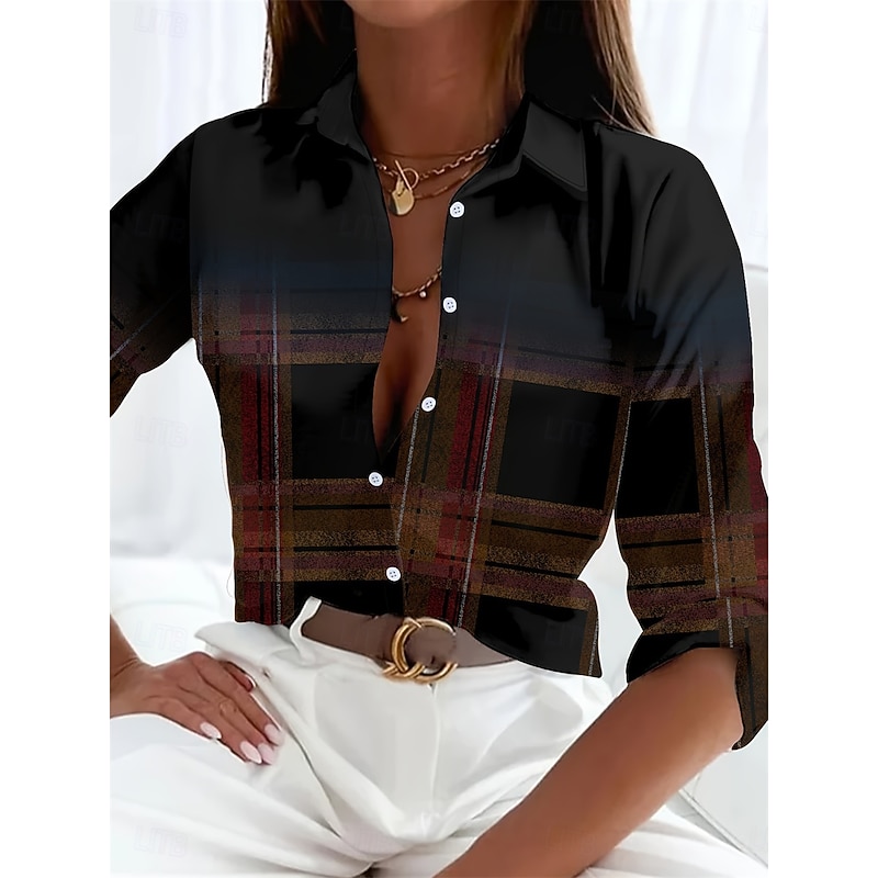 Women's Shirt Button Down Tunic Shirt Collar Long Sleeve Plaid Casual Regular Tops Work Daily s Print Black Spring Fall Winter