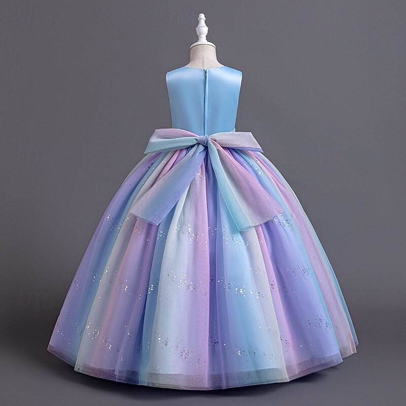 Flower Girl Dress Kid's Girls' Princess Dress Performance Wedding Party Elegant Beautiful Sequins Mesh Rainbow Sleeveless Crew Neck Pink Blue 4 years+4