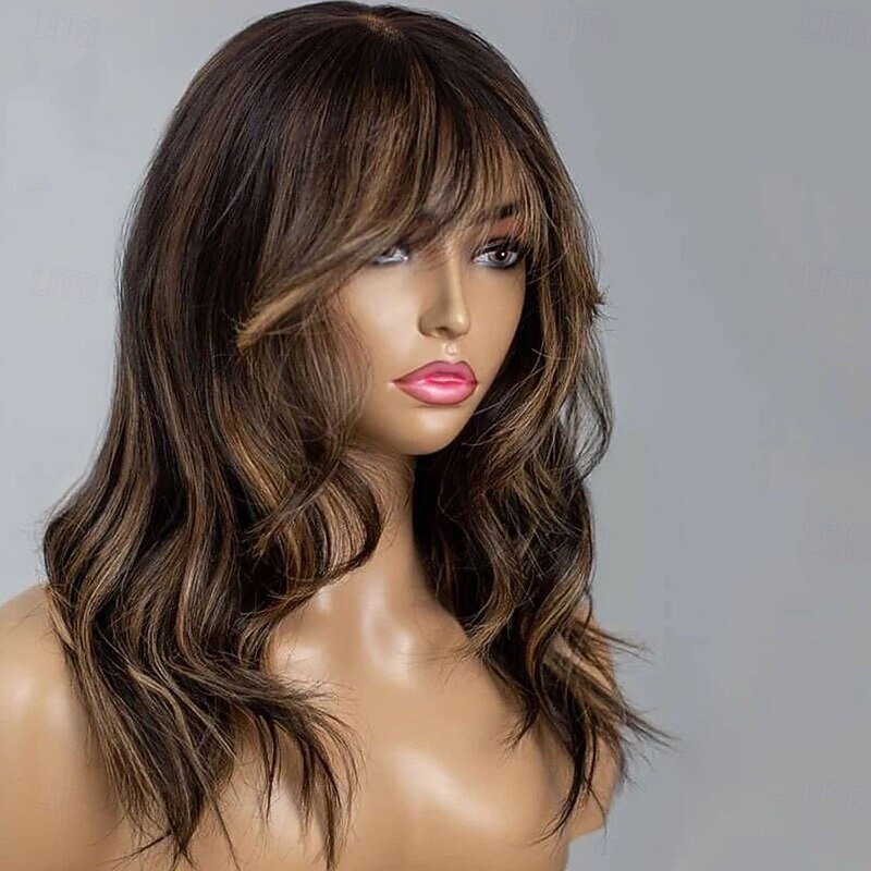 Remy Human Hair 13x4 Lace Front Wig With Bangs Brazilian Hair Wavy Multi-color Wig 130% 150% Density with Baby Hair Highlighted / Balayage Hair 100% Virgin Glueless For Women Long Human Hair Lace Wig3