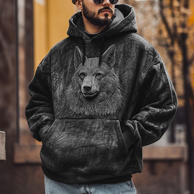 Men's Wolf Hoodies Sweatshirt Fashion Cool Long Sleeve Crew Neck Party Holiday Streetwear Black Brown Drawstring Fall Winter Designer2
