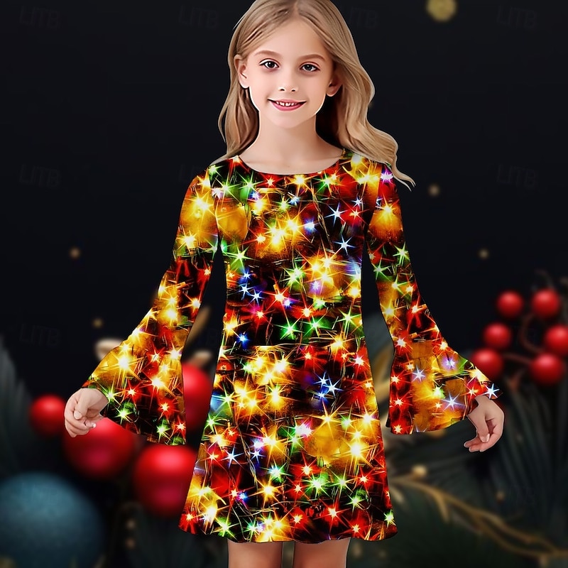 Christmas Girls' 3D Graphic Stars Christmas Dress Dress Ruffle Dress Long Sleeve Summer Spring Daily Holiday Vacation Beautiful Sweet Kids 4-12 Years Casual Dress Knee-length Polyester Regular Fit
