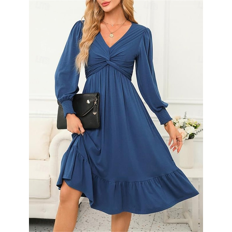 Women's Midi Dress Casual Dress Cocktail Dress Satin Dress Swing Dress Casual Sports & Outdoor Street Regular Fit Plain Long Sleeve V Neck Black Blue Fuchsia Fall Winter