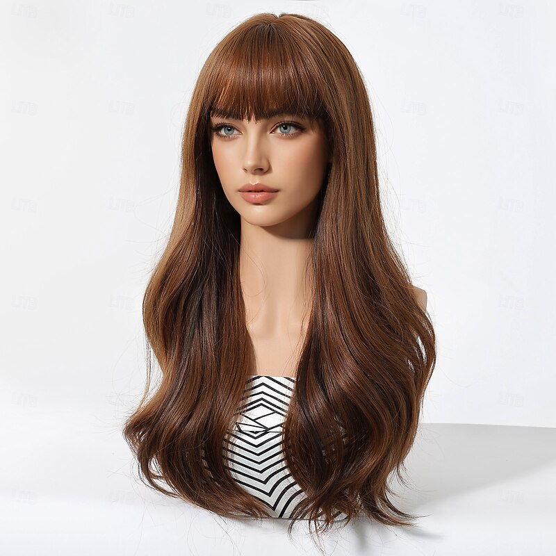 Synthetic Wig Uniforms Career Costumes Princess Body Wave Layered Haircut Neat Bang Machine Made Wig 24 inch Dark Brown Synthetic Hair Women's Cosplay Party Fashion Dark Brown4