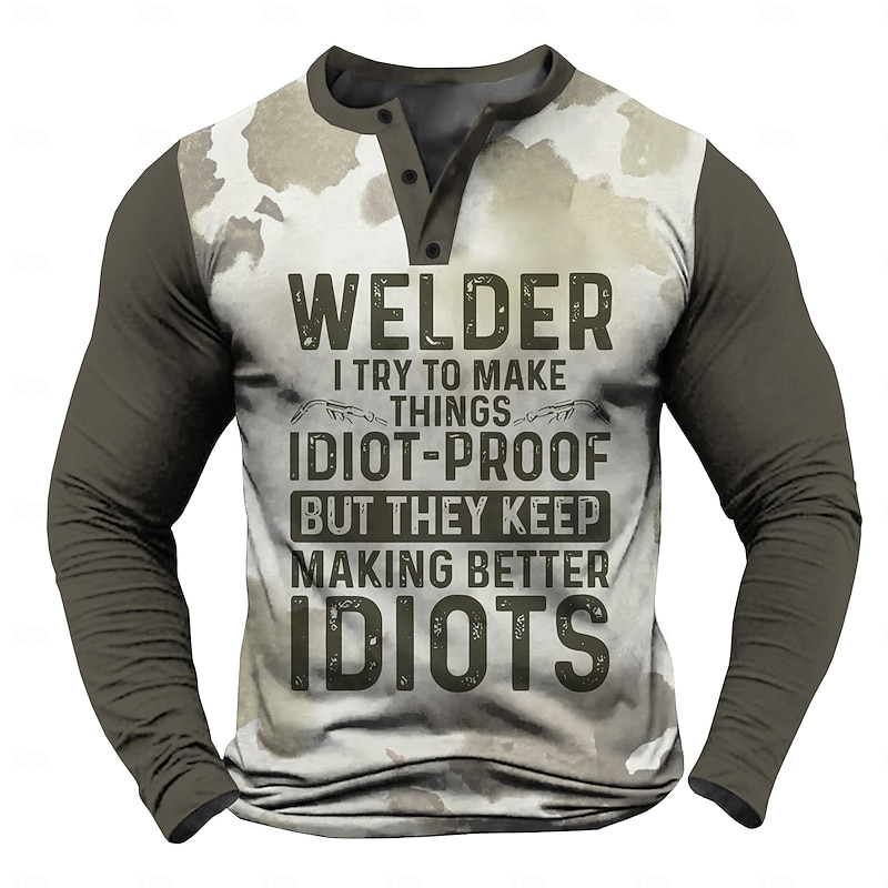 Men's Letter Print chillin with my snowmies Henley Shirt Long Sleeve Shirt Long Sleeve 3D Printing Fashion Designer Street Casual Daily Winter Spring &  Fall Black Blue Brown Army Green Henley Collar