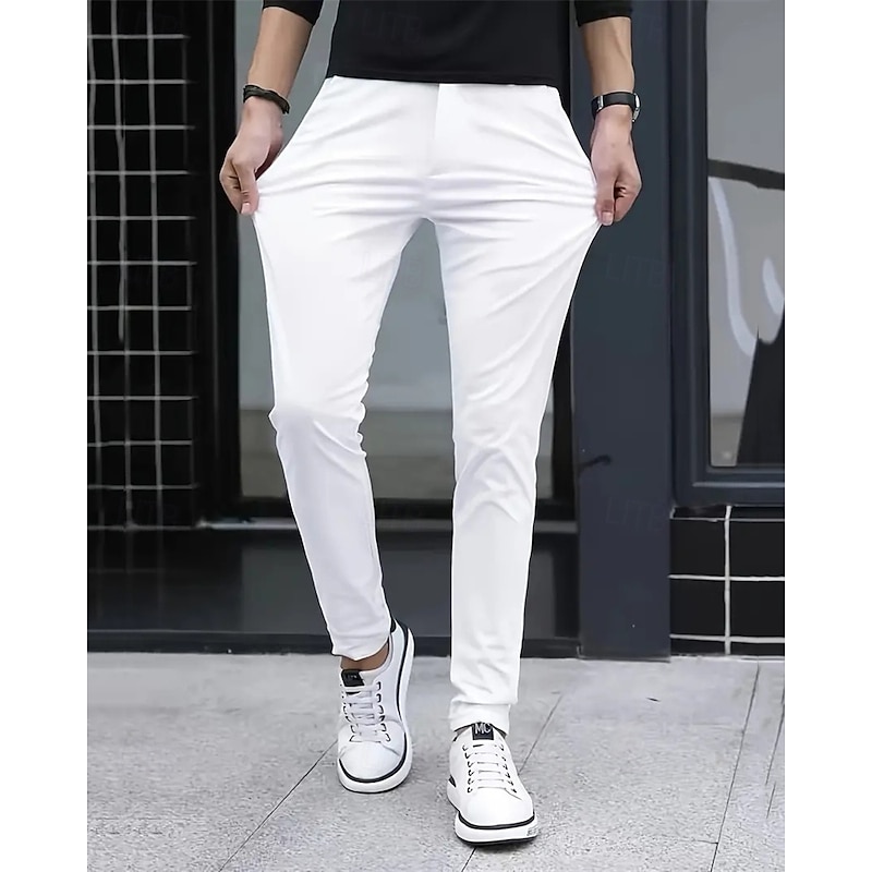 Men's Dress Pants Skinny Trousers Chinos Buttons Pocket Solid Color Comfort Formal Party Work Fashion Classic Style Black White Micro-elastic