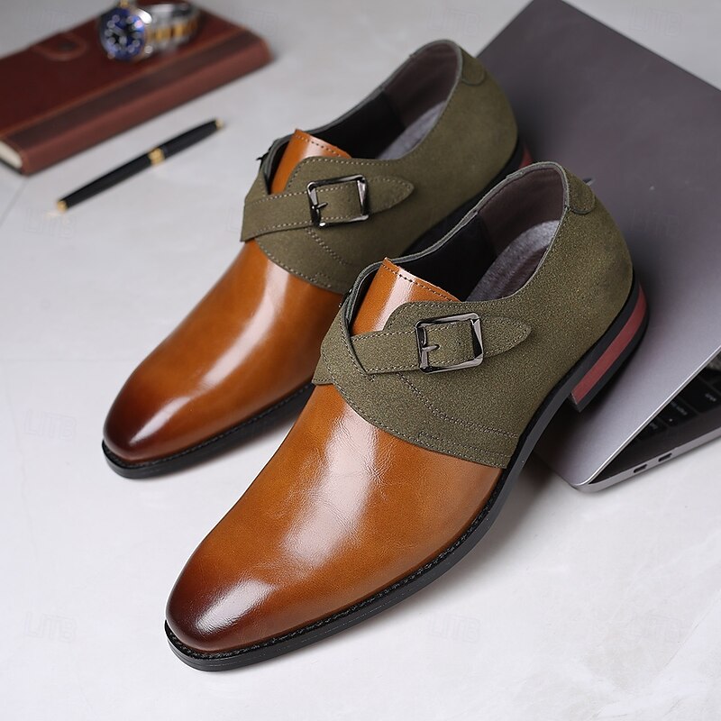 Men's Two-Tone Faux Leather and Suede Monk Strap Shoes – Elegant Buckle Dress Shoes for Formal Occasions4