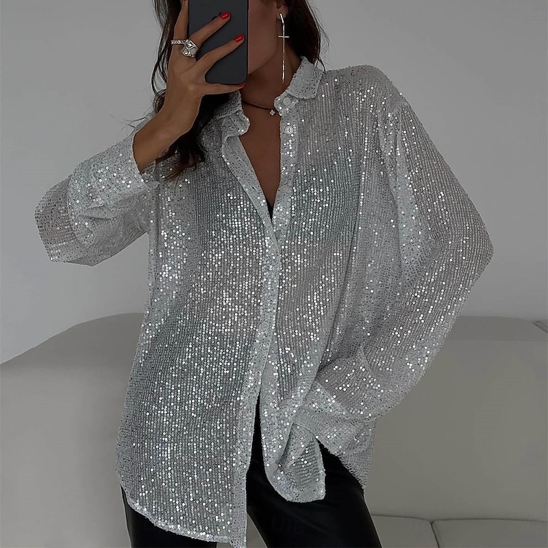 Women's Sequin Sparkly Party Glitter Sparkly Daily Stylish Long Sleeve Shirt Collar Regular Tops Daily Holiday Sequins Silver Black Pink Wine Red Spring Fall2