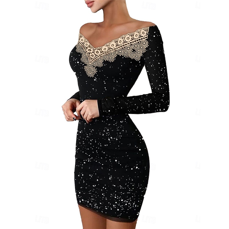 Women's Mini Dress Black Dress Sequin Dress Lace Dress Casual Dress Casual Party Street Regular Fit Plain Long Sleeve Off Shoulder Black Apricot Fall Winter4