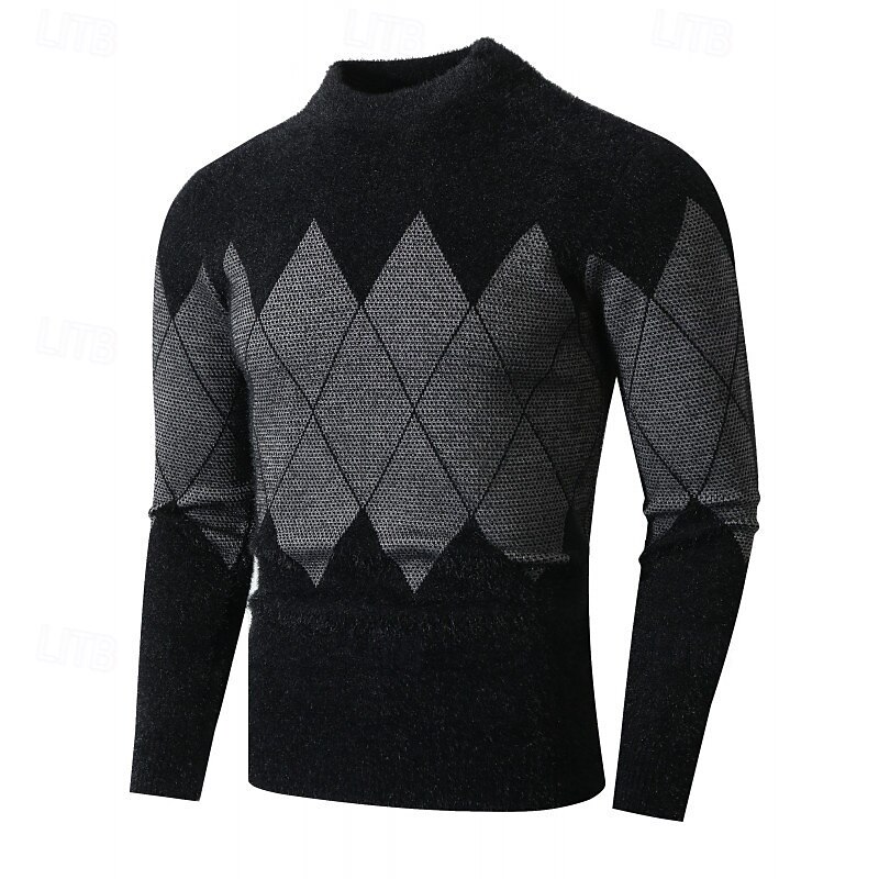 Men's Pullover Sweater Jumper Knit Sweater Ribbed Knit Regular Knitted Plaid / Striped / Chevron / Round Crew Neck Fashion Basic Daily Wear Date Clothing Apparel Fall & Winter Wine Blue S M L2