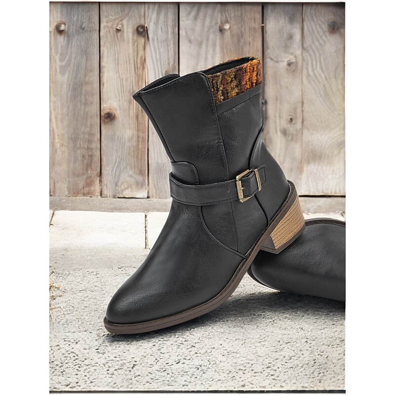 Women's Black Mid-Calf Boots with Buckle Straps and Colorful Knit Cuff – Casual Vintage Style for Everyday Wear3