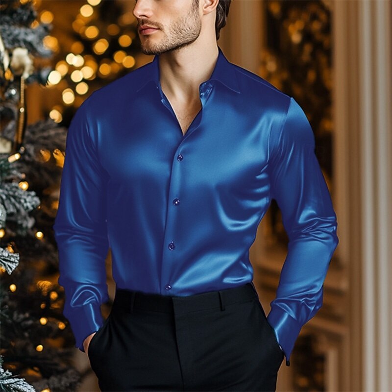 Men's Shirt Satin Shirt Casual Shirt Button Up Shirt Plain Wedding Vacation Light Blue Black Wine Royal Blue Long Sleeve Lapel Spring &  Fall Clothing Apparel3