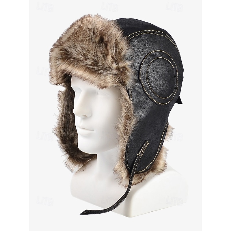 Men's Faux Leather Aviator Winter Hat with Faux Fur Lining and Ear Flaps - Stylish Warm Trapper Hat for Cold Weather2