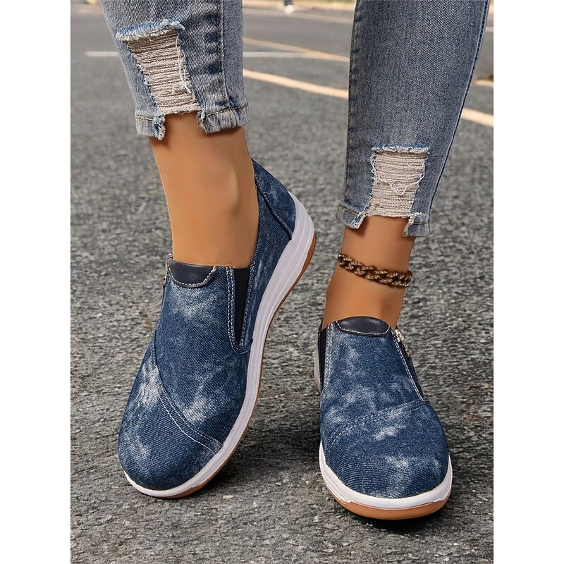 Women's Casual Blue Denim Slip-On Sneakers – Stylish Zip-Up Walking Shoes with Cushioned Sole for Everyday Comfort