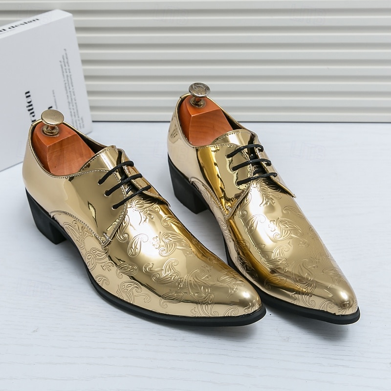 Men's Gold Embossed Faux Leather Oxford Shoes - Shiny Paisley Design with Lace-Up Closure for Formal Events and Party Wear2