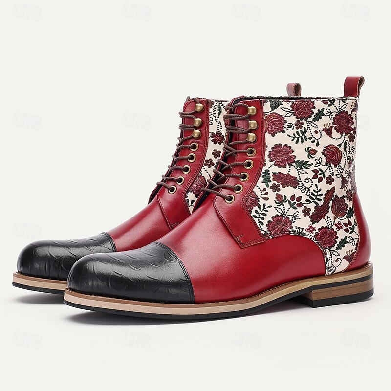 Men's Red & Black Floral Leather Ankle Boots with Lace-Up Design and Textured Toe – Premium Cowhide Fashion Boots for Formal & Casual Wear2