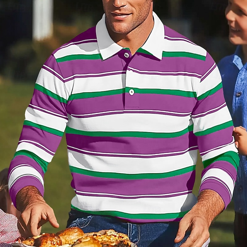 Men's Color Block Stripes Rugby Polo Shirts Long Sleeve Polo Shirts Lapel Classic Fashion 3D Print Modern Casual Sports Stripe Fall Winter Yellow Red Purple