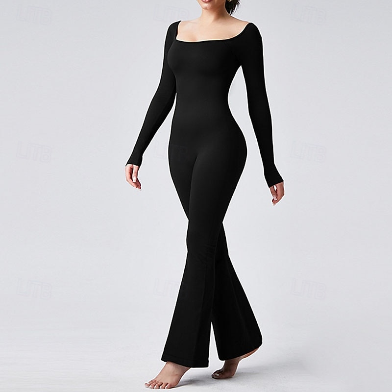 Women's Jumpsuit Workout Jumpsuit Onesie Flare Leg Solid Color Bodysuit Romper Black Coffee Yoga Fitness Gym Workout Breathable Soft Long Sleeve Sport Activewear Stretchy Slim