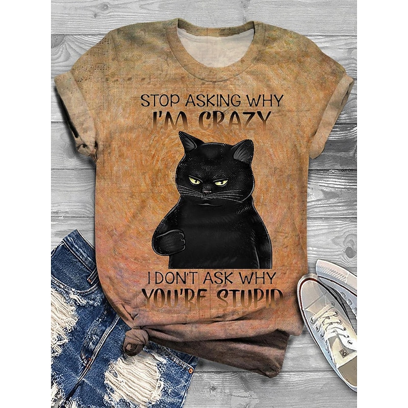 Women's T Shirt Cat Letter Casual Short Sleeve Round Neck Regular Tops Daily Print Khaki Summer