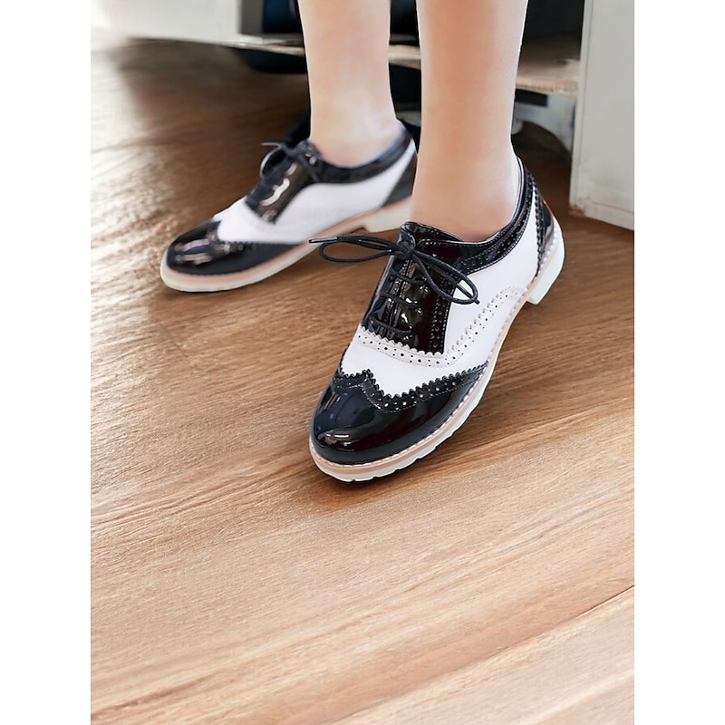 Women's Beige and White Oxford Brogue Shoes - Vintage Lace-Up Low Heel Casual Shoes for Everyday Wear3