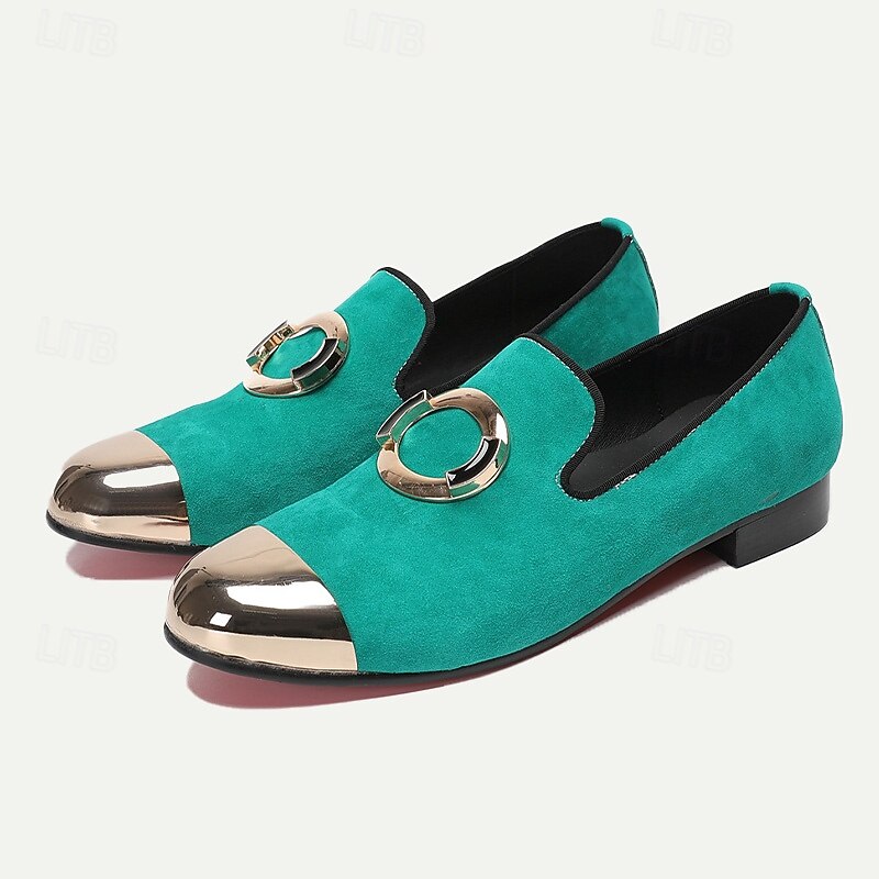Men's Green Suede Loafers with Metallic Cap Toe and Circular Buckle – Premium Cowhide Dress Shoes for Formal & Casual Wear2