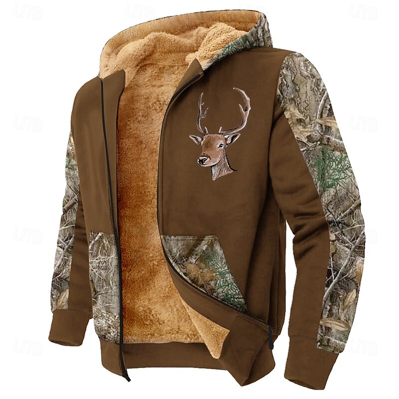 Men's Camo / Camouflage Deer Fleece Hoodies Fashion Ethnic Long Sleeve Hooded Party Hunting Black Brown Drawstring Fall Winter Designer4
