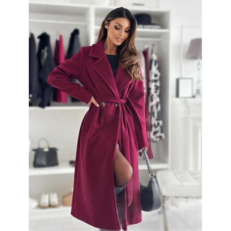 Women's Coat Warm Comfortable Buttons With Belt Elegant Solid Color Casual Daily Double Breasted Lapel Regular Fit Long Sleeve Outerwear Black White Wine Winter4