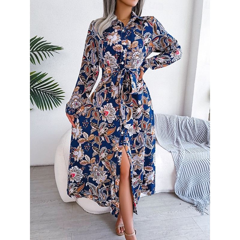 Women's Maxi Dress Casual Dress Swing Dress A Line Dress Boho Dress Casual Daily Regular Fit Floral Long Sleeve Shirt Collar Royal Blue Summer Spring Fall
