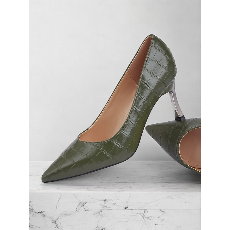 Women's Green Crocodile Embossed Faux Leather Pumps with Stiletto Heel and Pointed Toe - Elegant and Versatile for Work or Night Out3