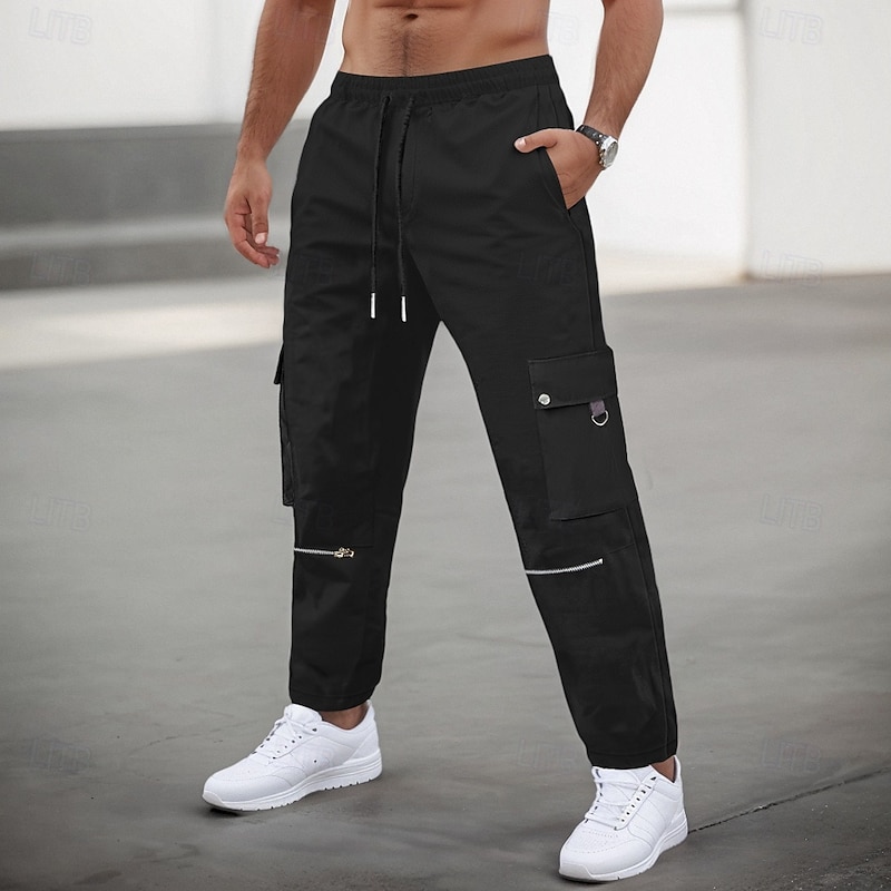 Men's Cargo Pants Cargo Trousers Trousers Casual Pants Zipper Drawstring Elastic Waist Plain Comfort Soft Full Length Outdoor Daily Running Fashion Streetwear Black Brown