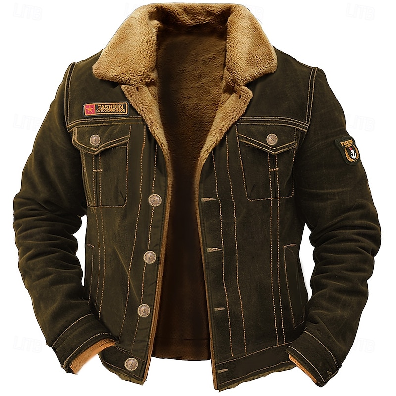 Men's Embroidered Fleece Jacket Cargo Jacket Turndown Collar Long Sleeve Military Tactical Jacket Vintage Thermal Warm Winter Outwear Multiple Pockets Button Front Cotton Coat Black Army Green
