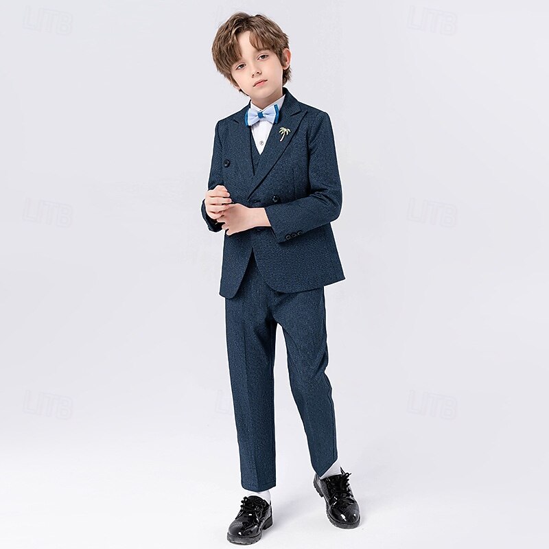 5 Pieces Ring Bearer Suit Boys Kids Suit Formal Suit Blazer & Vest & Pants & Brooch & Tie Formal Party Valentines Fashion Cool Solid Color Pocket Navy Blue Light Blue Polyester