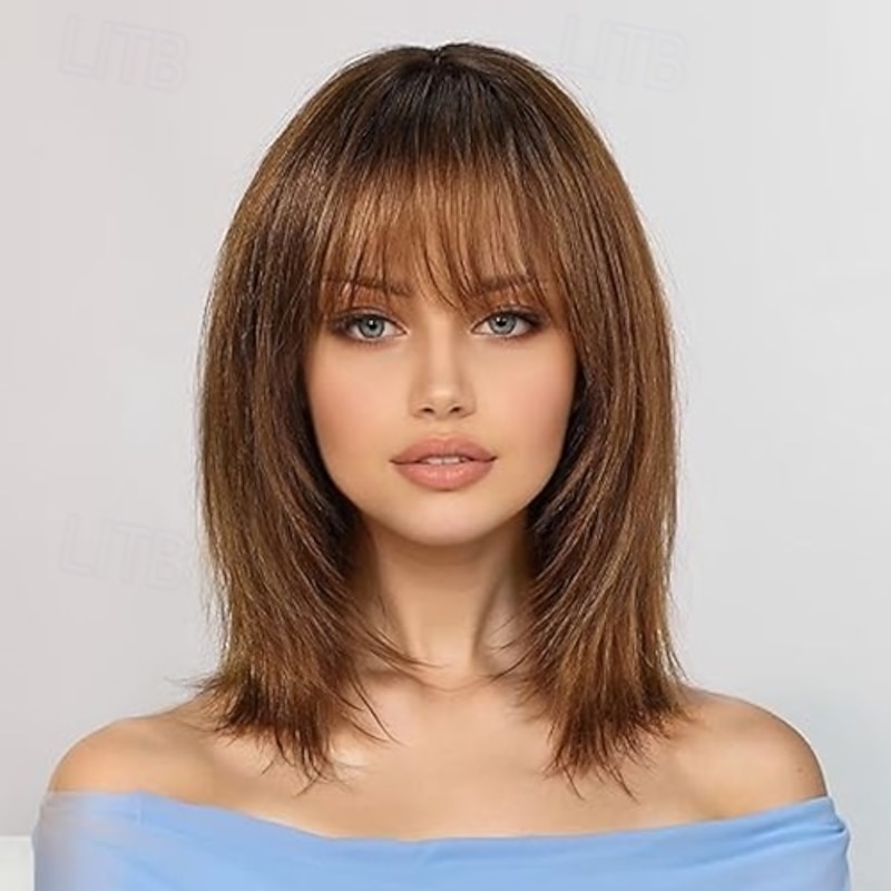 Women's Synthetic Wig Straight With Bangs Short Dark Brown Ombre Brown Ombre Blonde Hair Women's Blonde Brown Wigs for Everyday Use2