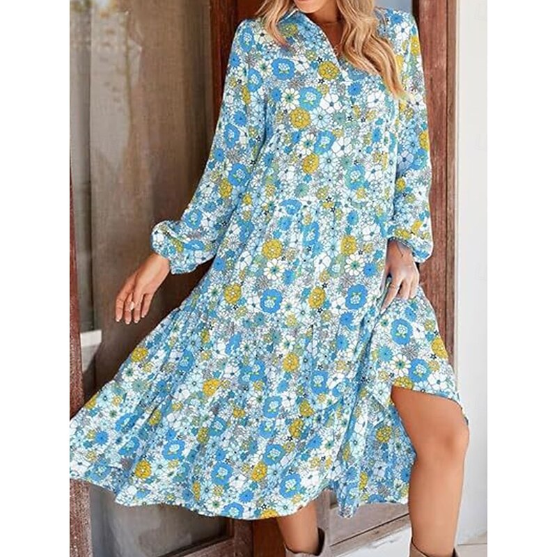 Women's Floral Split Neck Midi Dress Long Sleeve Summer Spring