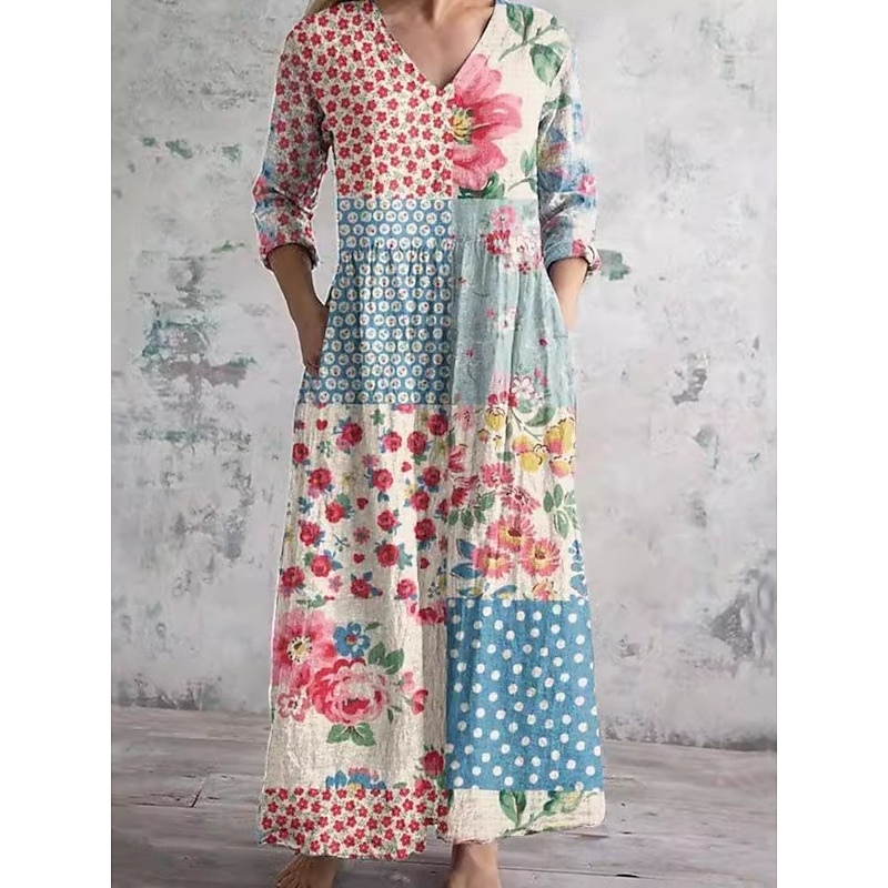 Women's Maxi Dress Casual Dress Swing Dress Boho Dress Casual Daily Regular Fit Floral Long Sleeve V Neck Black Blue Khaki Summer Spring Fall2