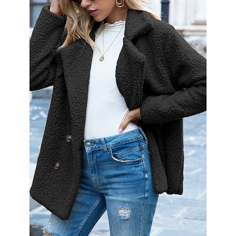 Women's Fleece Jacket Teddy Coat Warm Breathable Pocket Fleece Lined Casual Plain Vacation Street Daily Wear Going out Double Breasted Regular Turndown Regular Fit Long Sleeve Outerwear Black Pink3